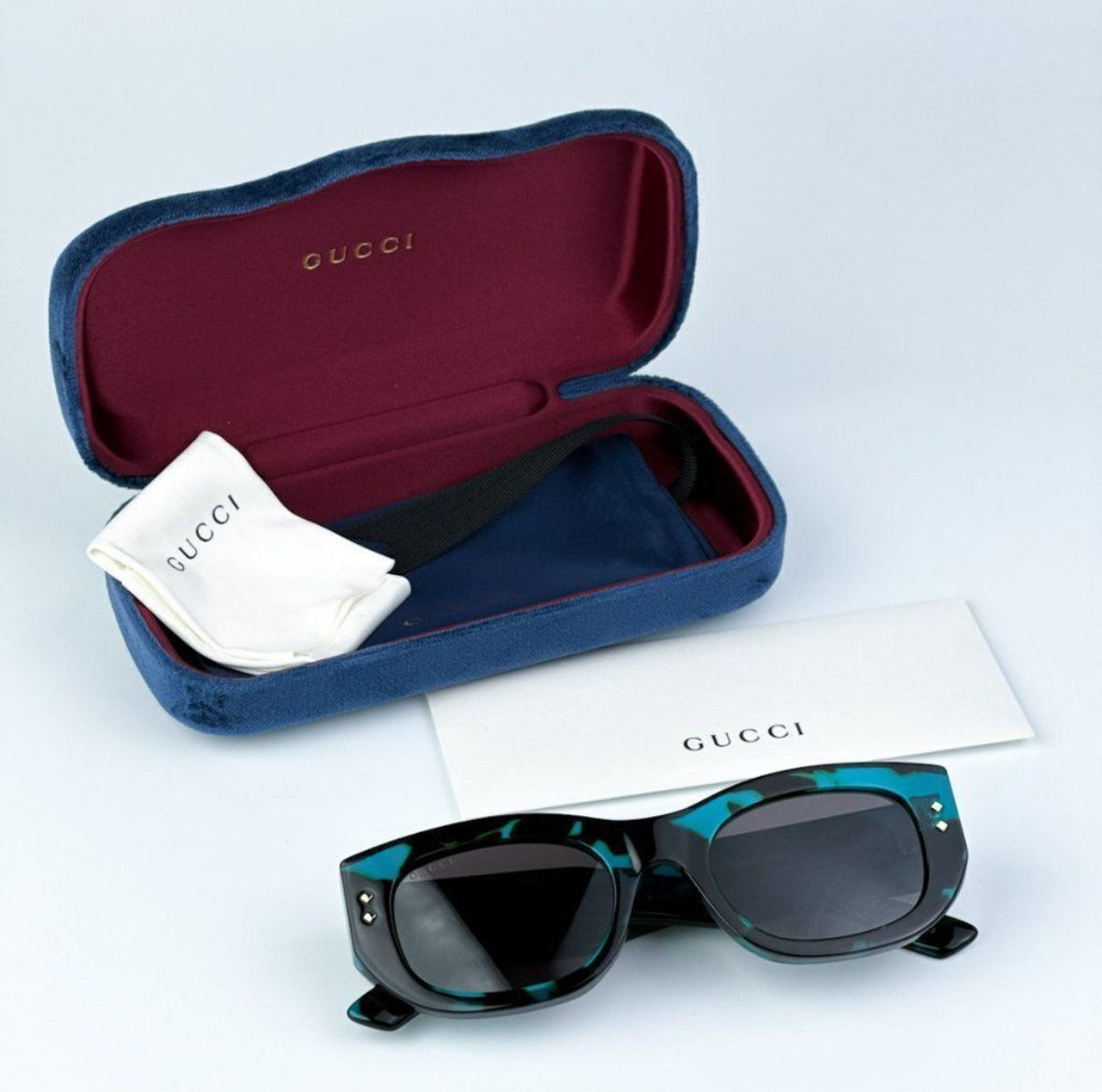 Gucci Turquoise Rectangle Sunglasses – Violet Lenses | Designer Eyewear