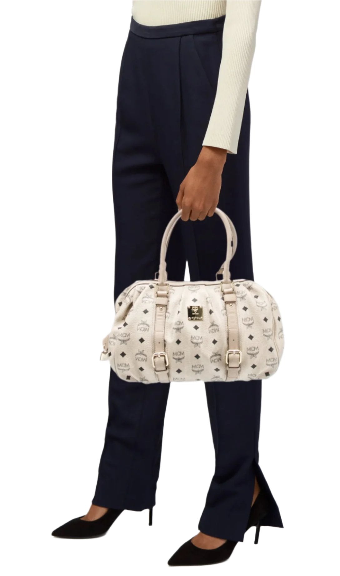 MCM Visetos Cream Leather Handbag – Neutral Top Handle Bag with Gold-Tone Hardware