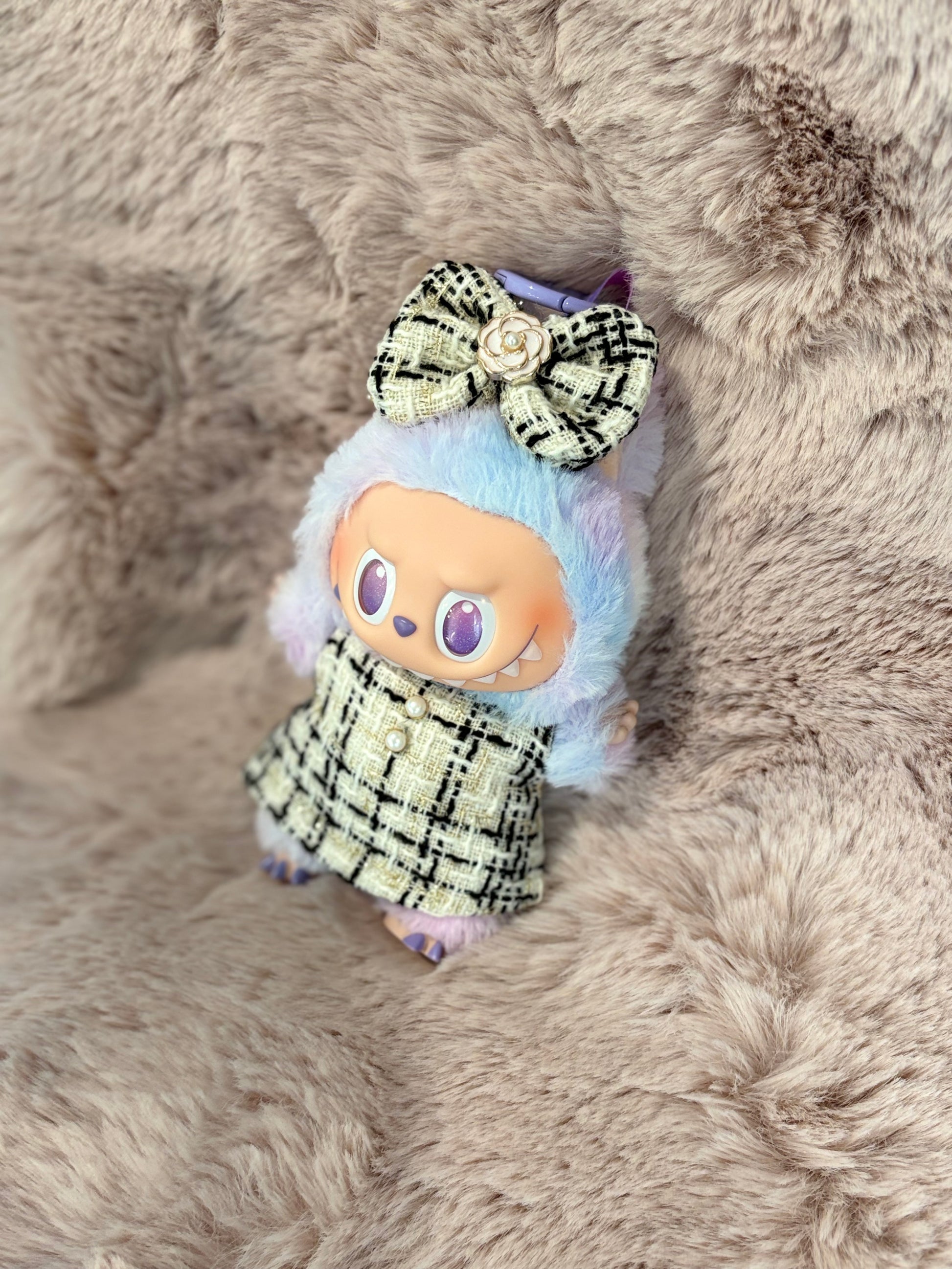 Luxury-Inspired Labubu Outfit – Tweed Dress & Bow Accessory Set