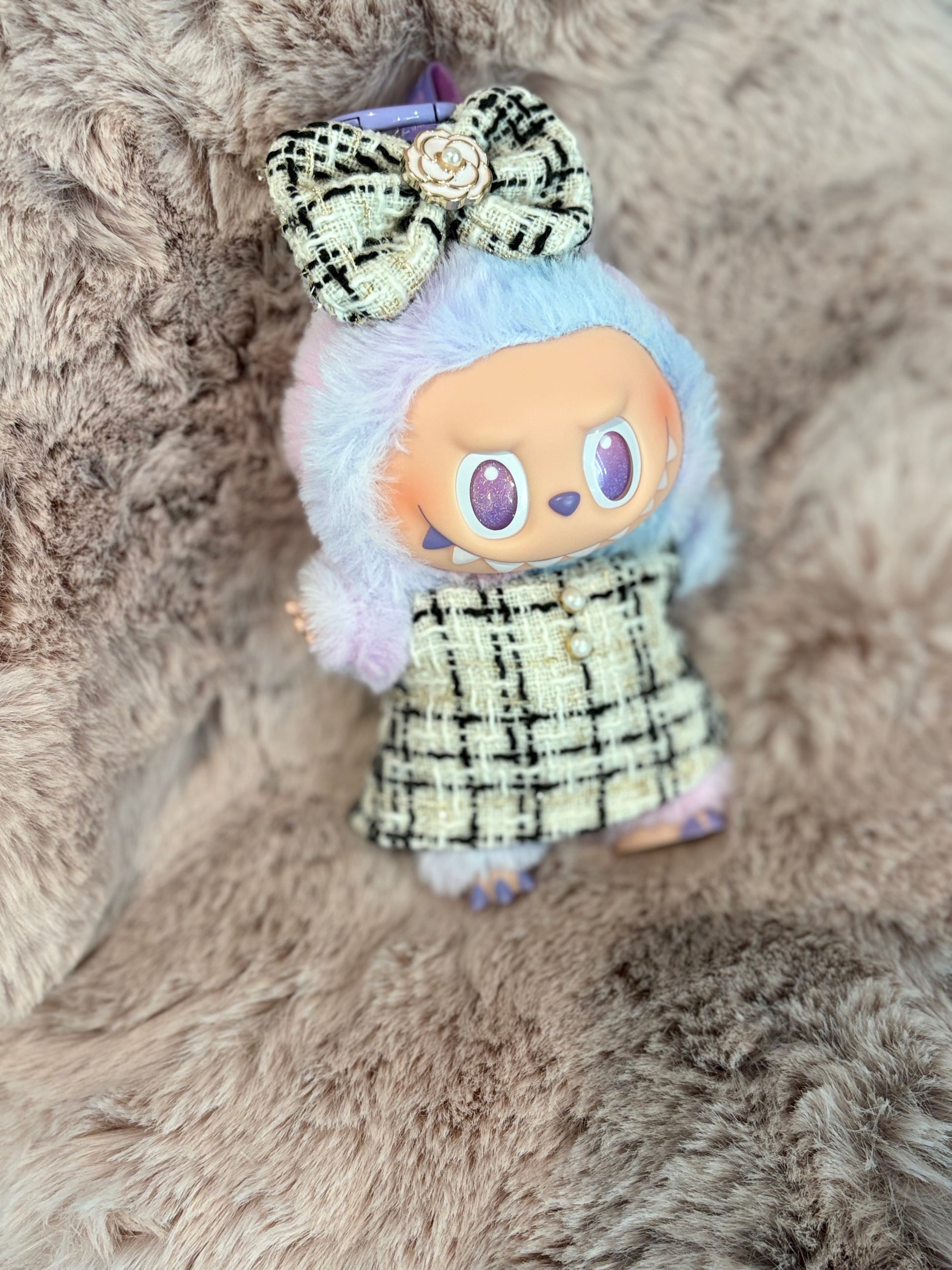 Luxury-Inspired Labubu Outfit – Tweed Dress & Bow Accessory Set