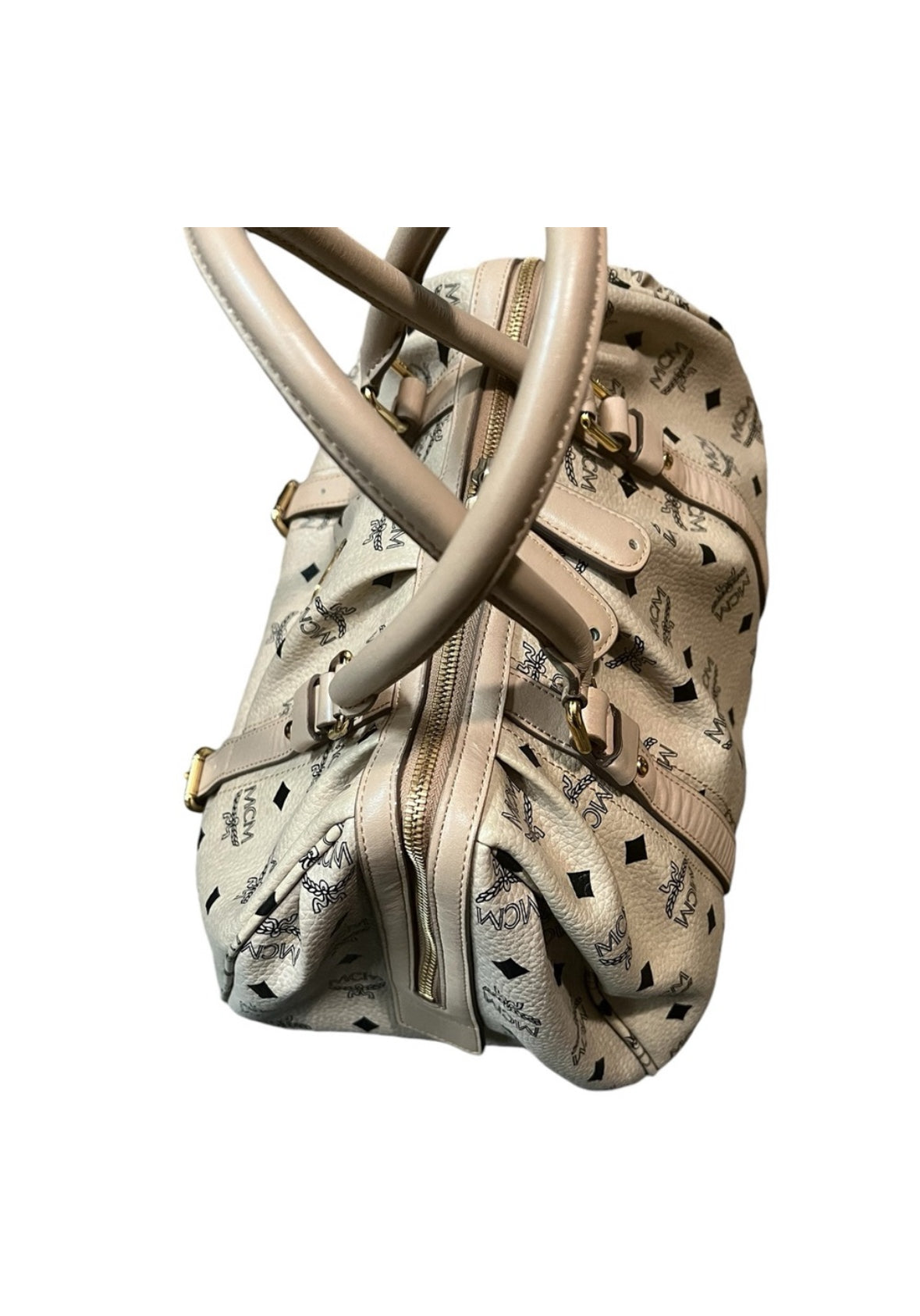MCM Visetos Cream Leather Handbag – Neutral Top Handle Bag with Gold-Tone Hardware