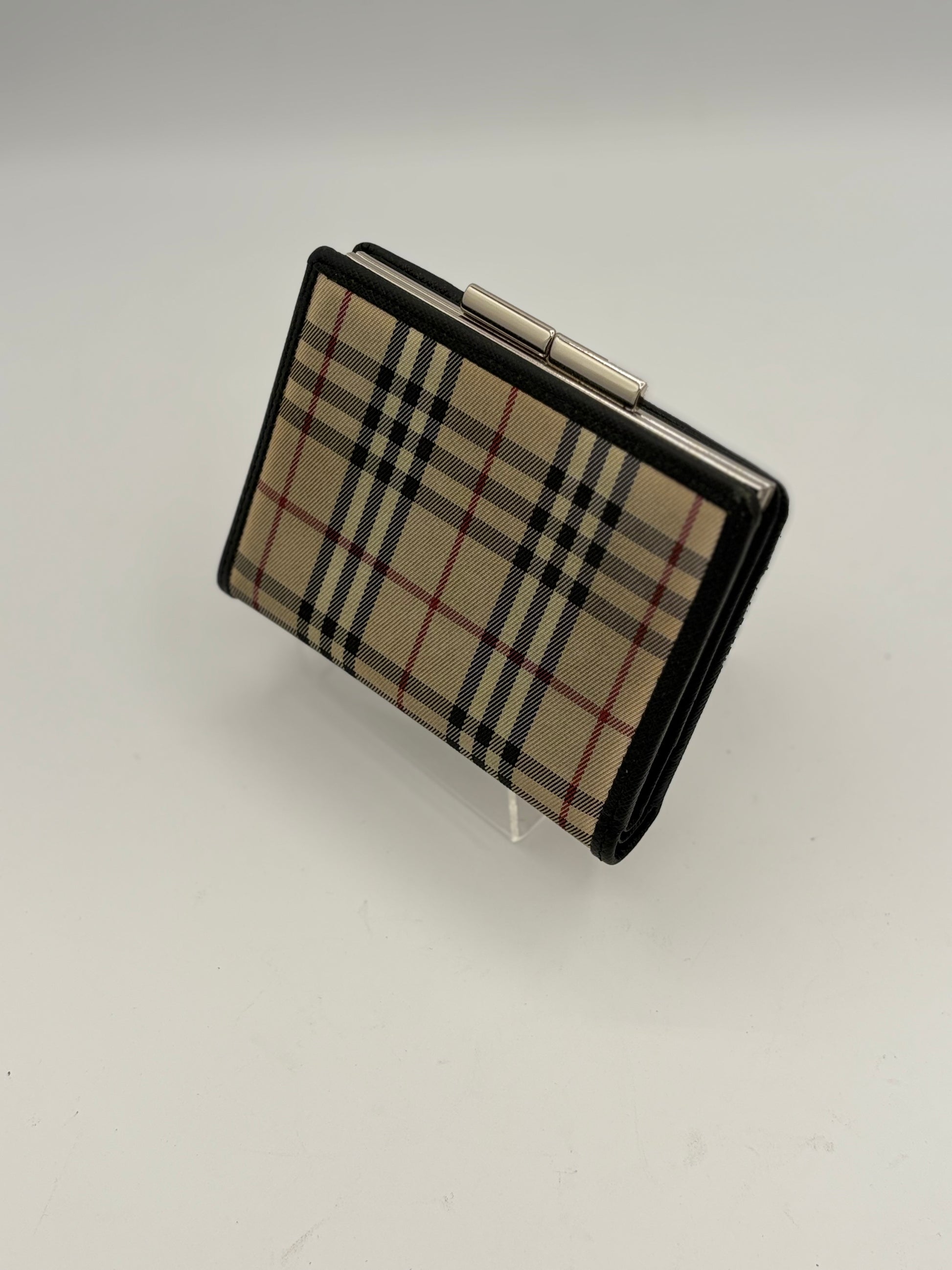 Burberry Nova Check Compact Dark Brown Leather and Canvas Kisslock Wallet