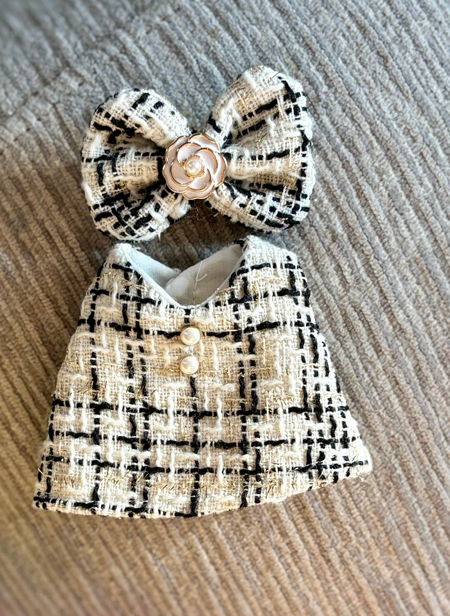 Luxury-Inspired Labubu Outfit – Tweed Dress & Bow Accessory Set