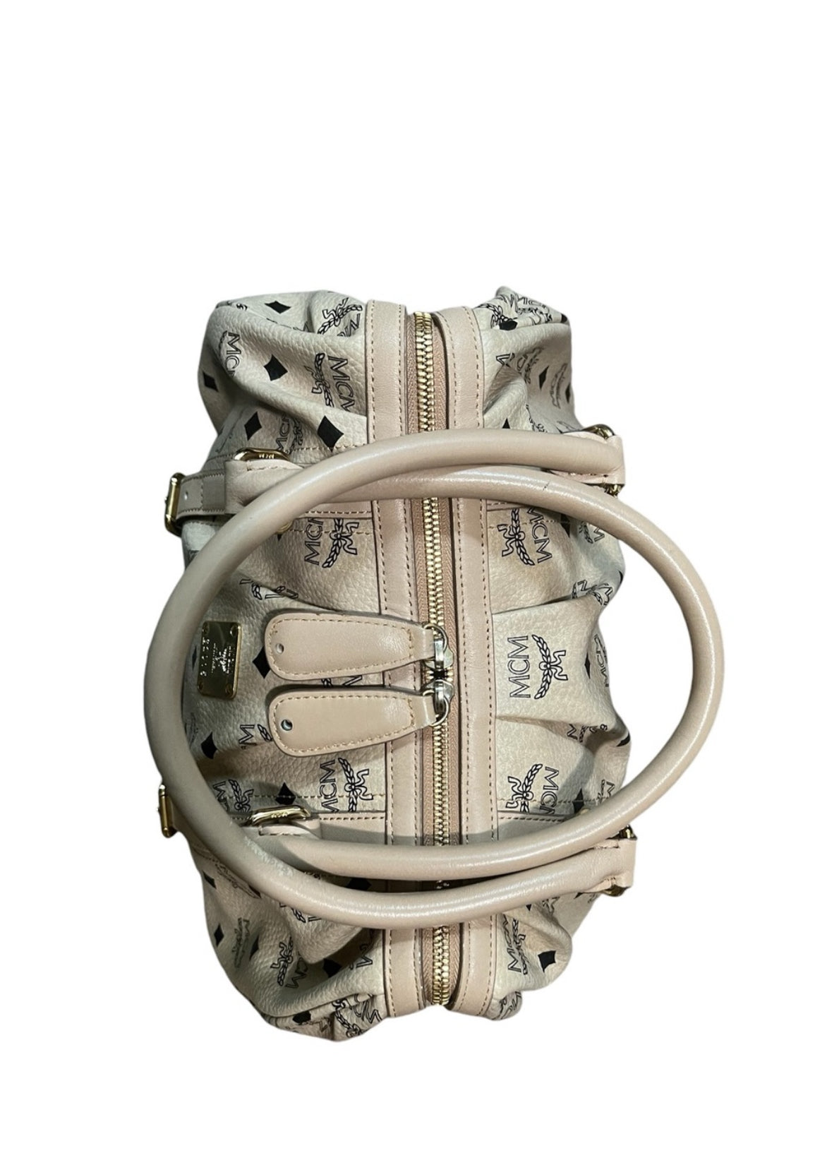 MCM Visetos Cream Leather Handbag – Neutral Top Handle Bag with Gold-Tone Hardware