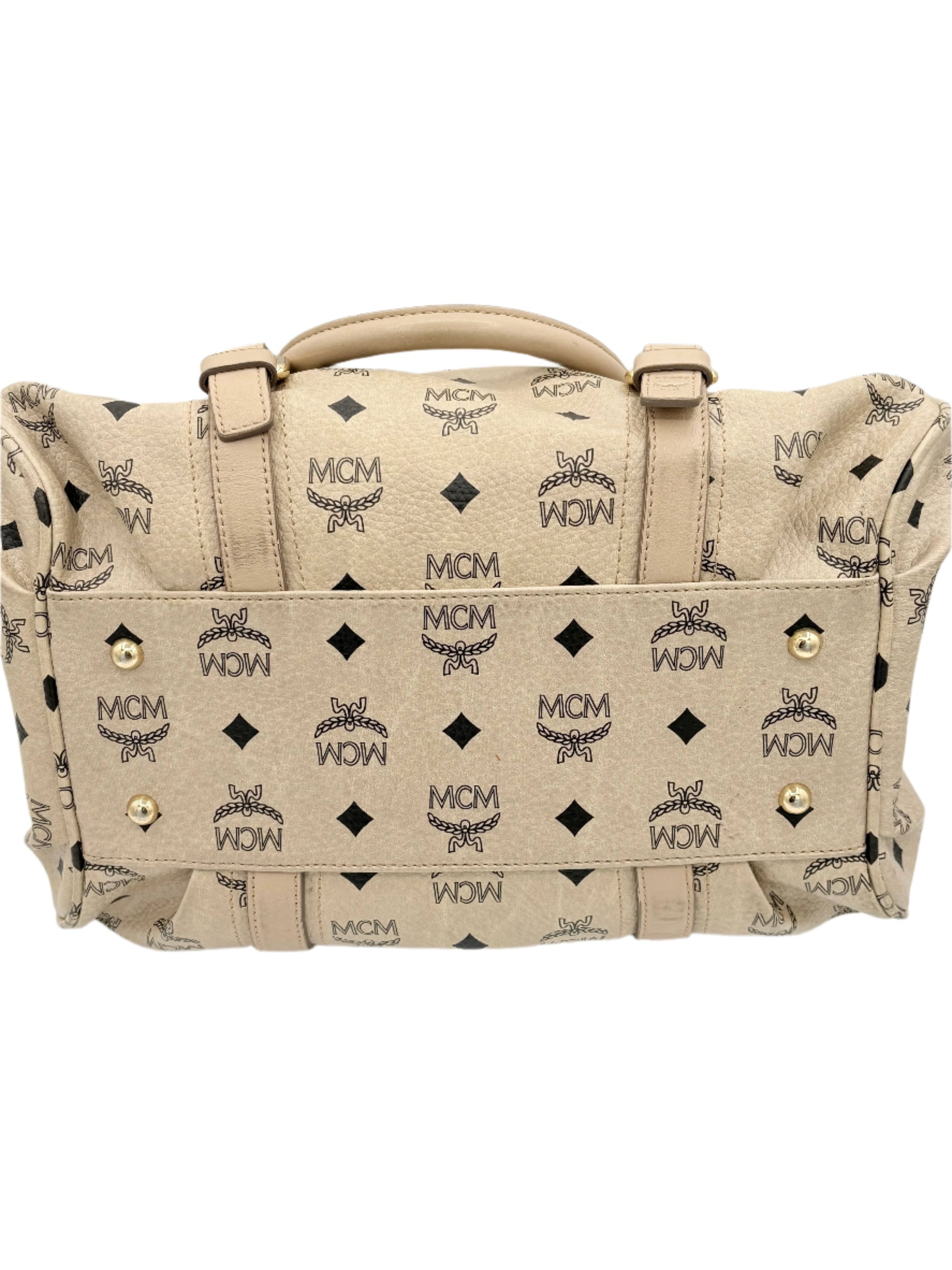 MCM Visetos Cream Leather Handbag – Neutral Top Handle Bag with Gold-Tone Hardware
