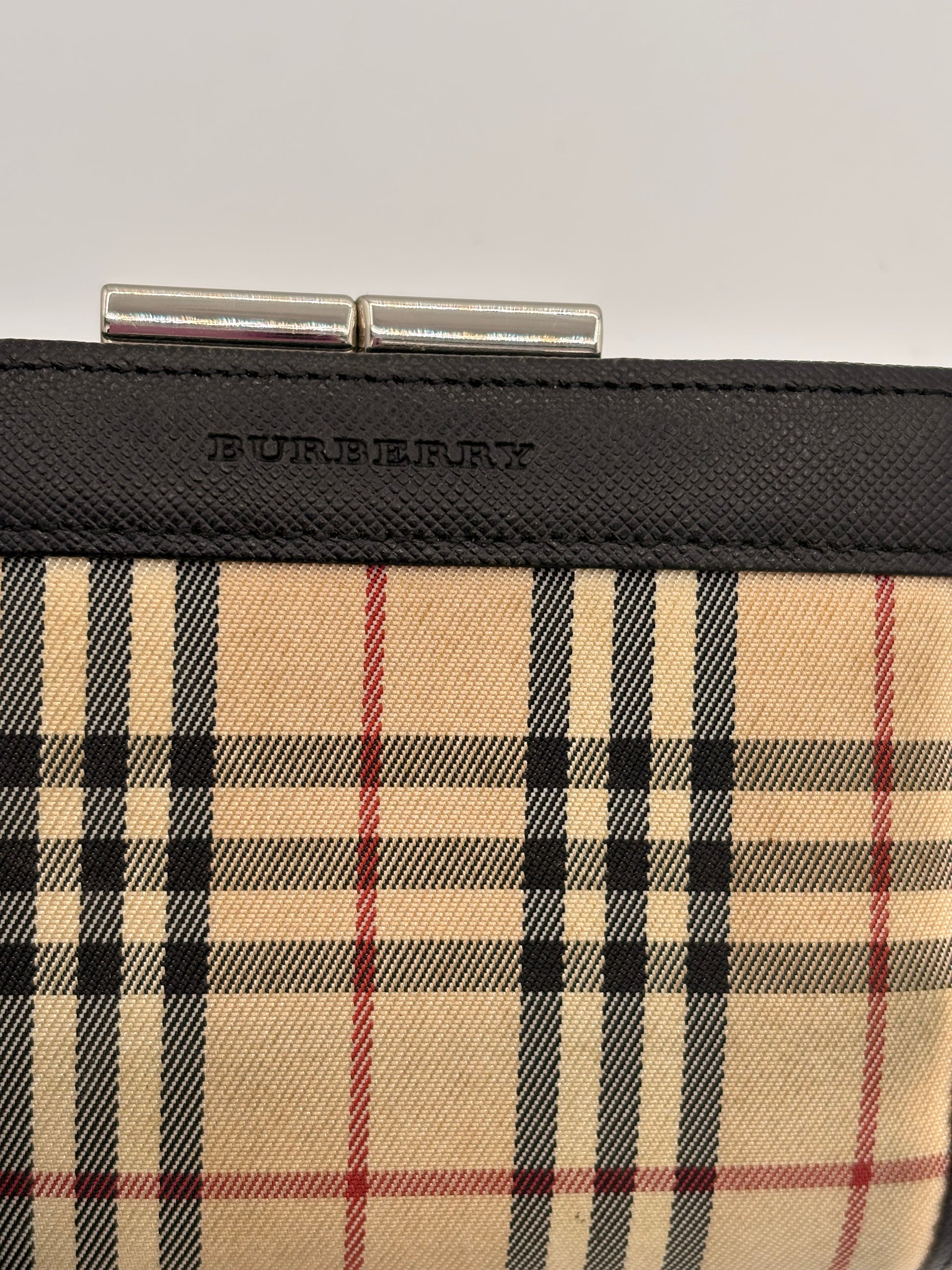 Burberry Nova Check Compact Dark Brown Leather and Canvas Kisslock Wallet