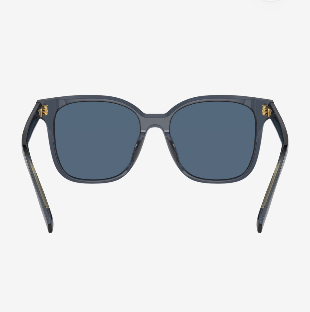 Tory Burch Women’s Square Sunglasses – Transparent Blue with Dark Blue Full-Rim Lenses