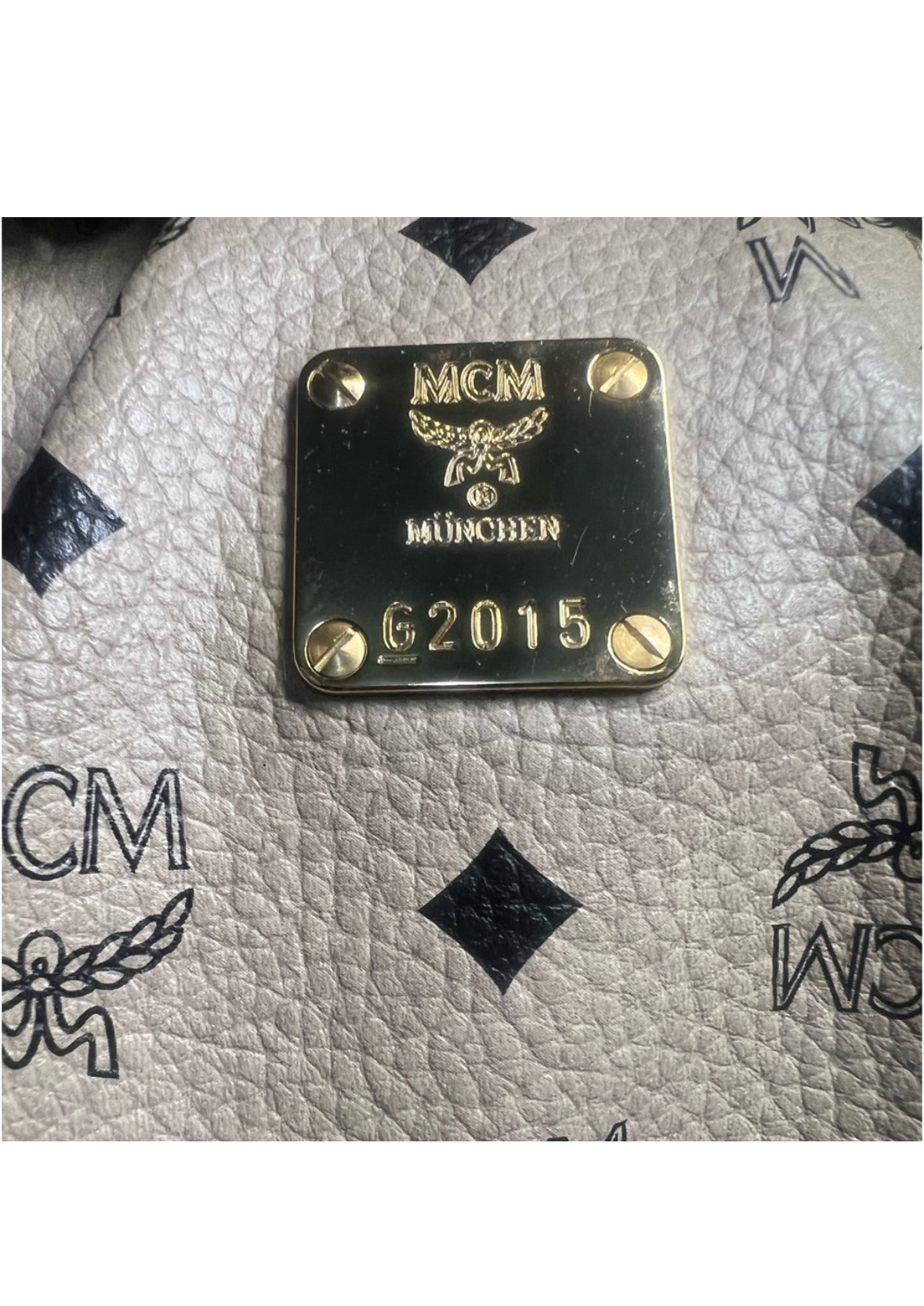 MCM Visetos Cream Leather Handbag – Neutral Top Handle Bag with Gold-Tone Hardware