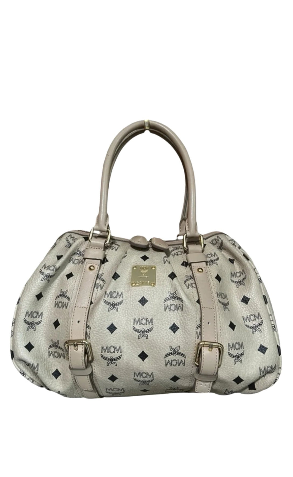 MCM Visetos Cream Leather Handbag – Neutral Top Handle Bag with Gold-Tone Hardware