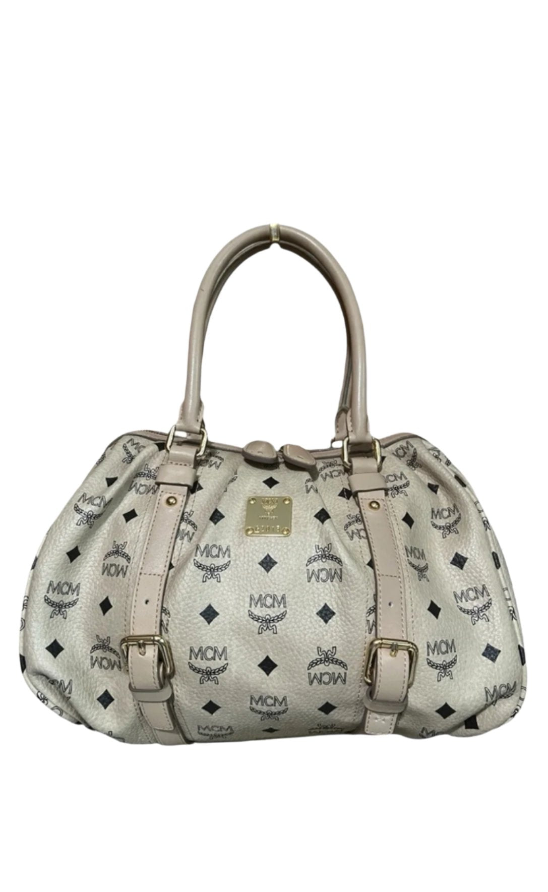 MCM Visetos Cream Leather Handbag – Neutral Top Handle Bag with Gold-Tone Hardware