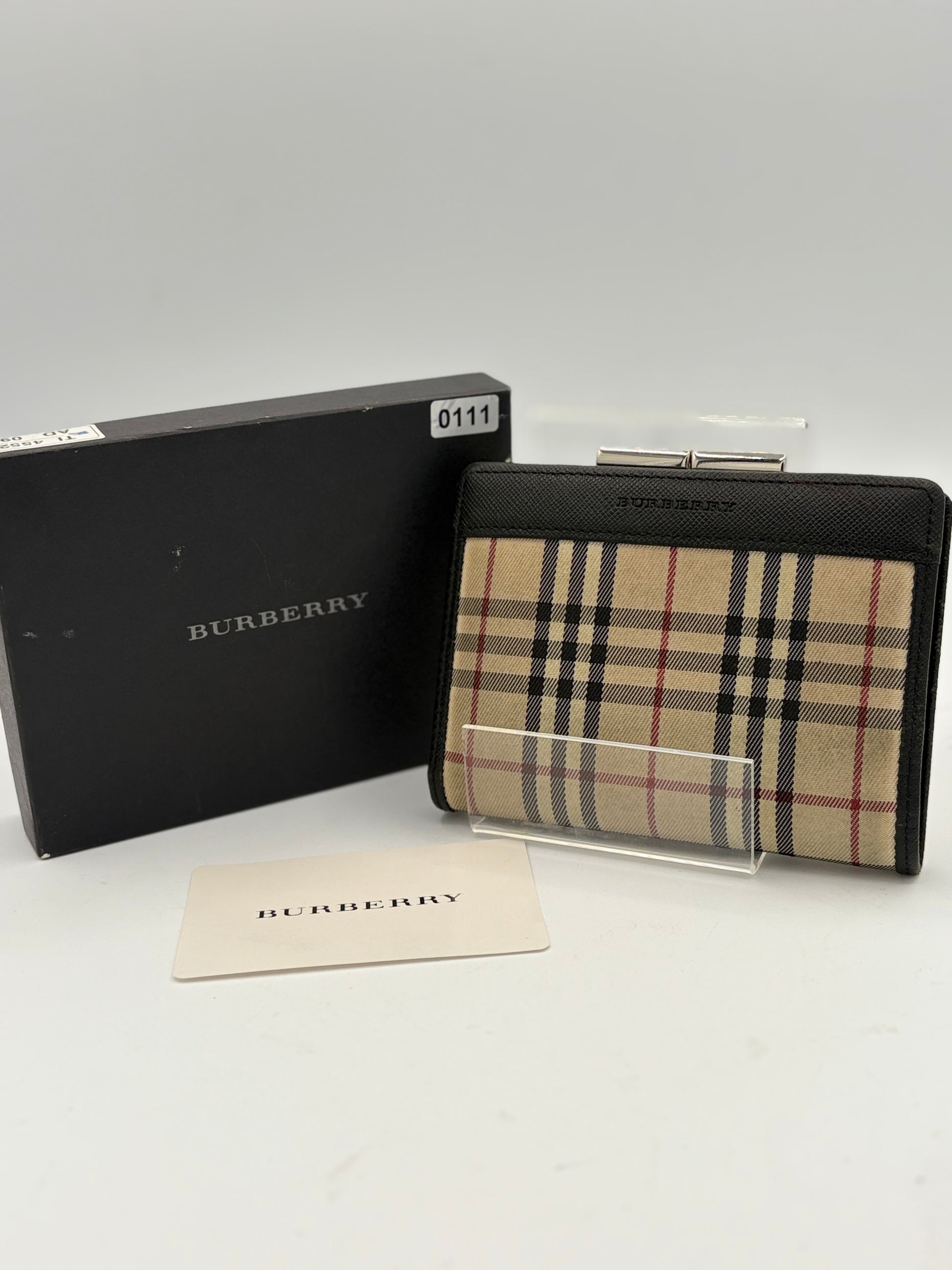 Burberry Nova Check Compact Dark Brown Leather and Canvas Kisslock Wallet