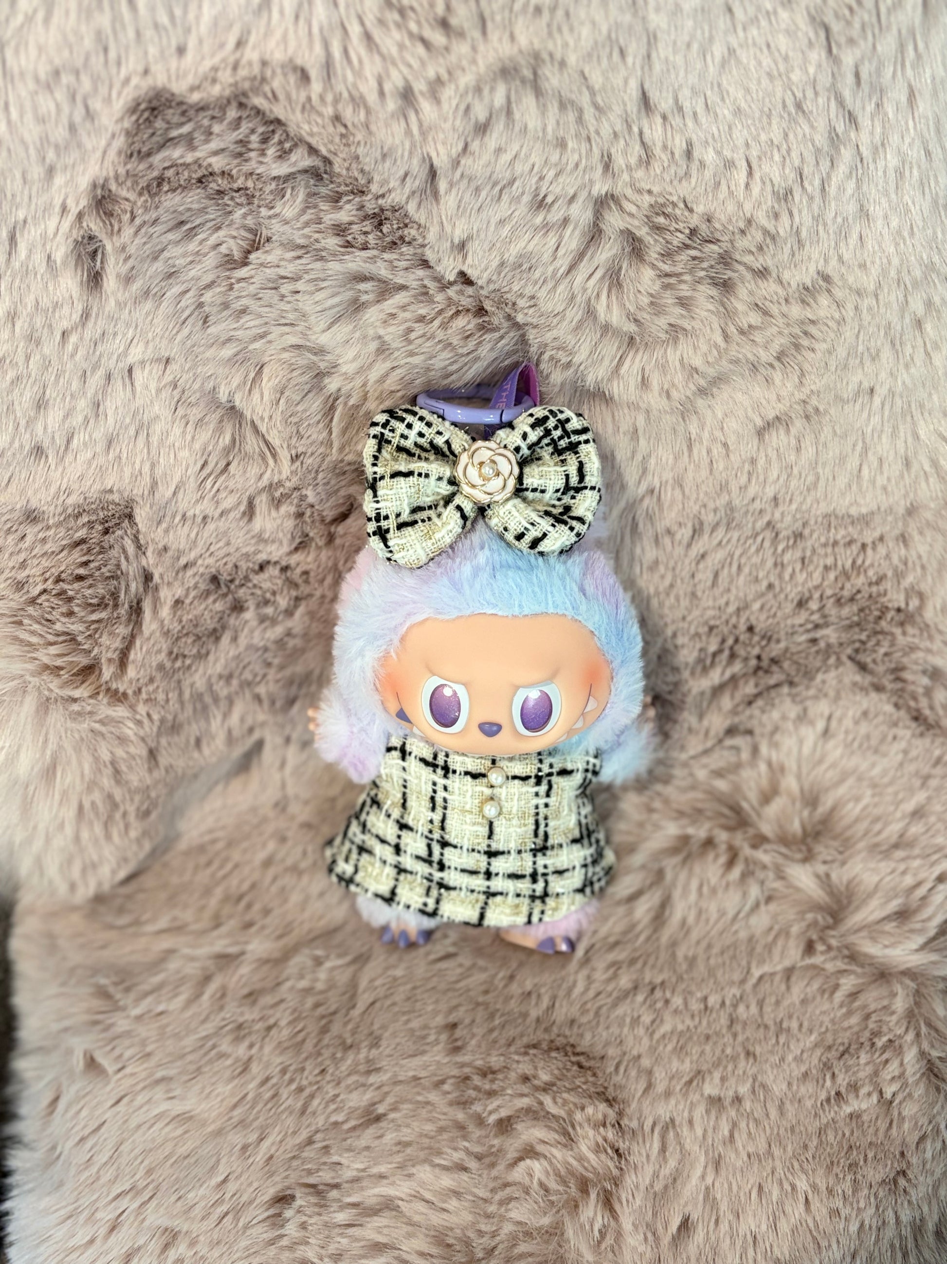 Luxury-Inspired Labubu Outfit – Tweed Dress & Bow Accessory Set