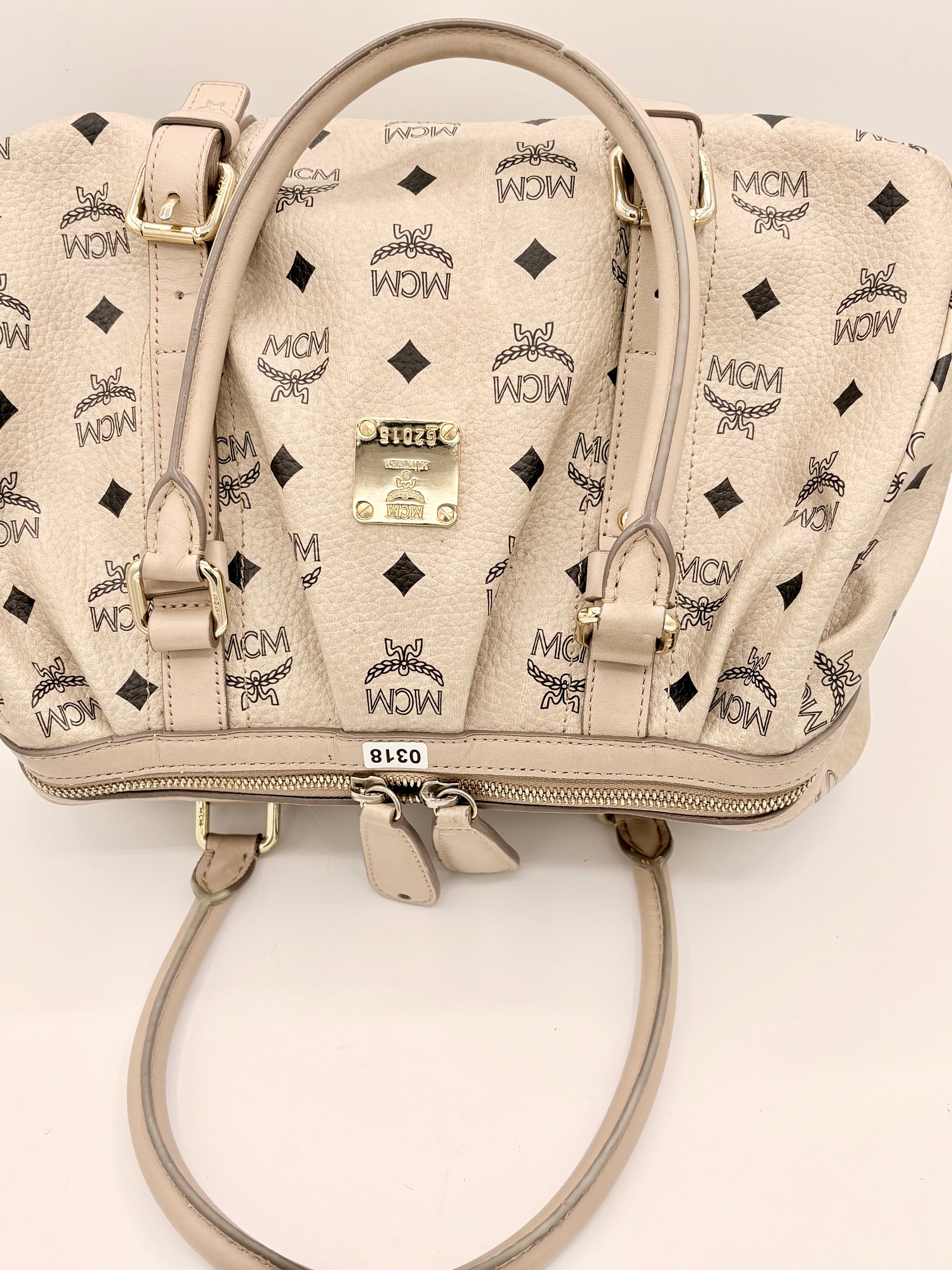 MCM Visetos Cream Leather Handbag – Neutral Top Handle Bag with Gold-Tone Hardware