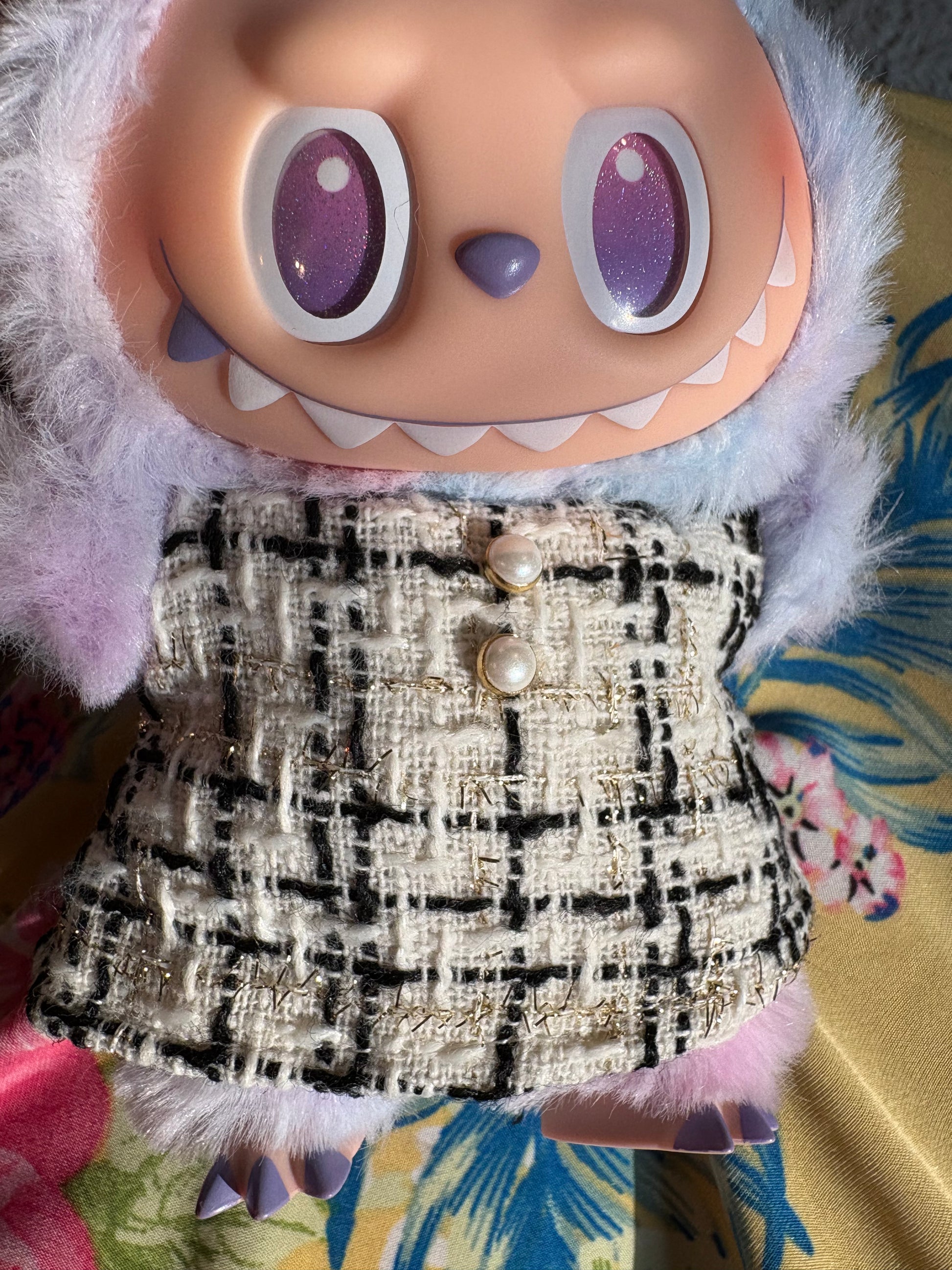Luxury-Inspired Labubu Outfit – Tweed Dress & Bow Accessory Set