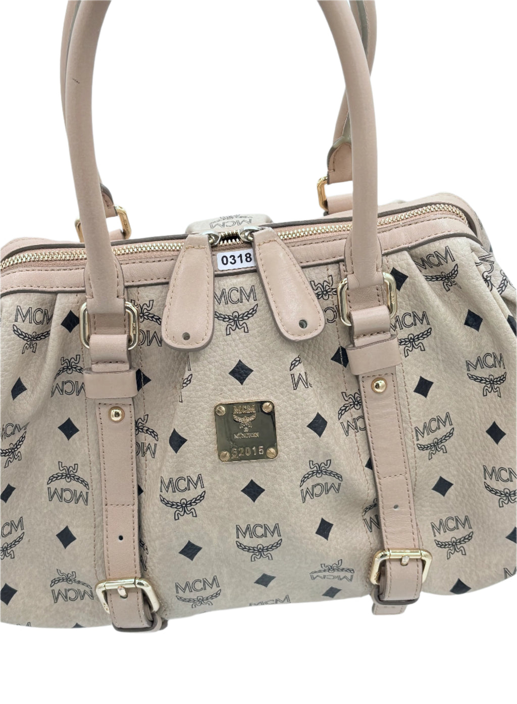MCM Visetos Cream Leather Handbag – Neutral Top Handle Bag with Gold-Tone Hardware