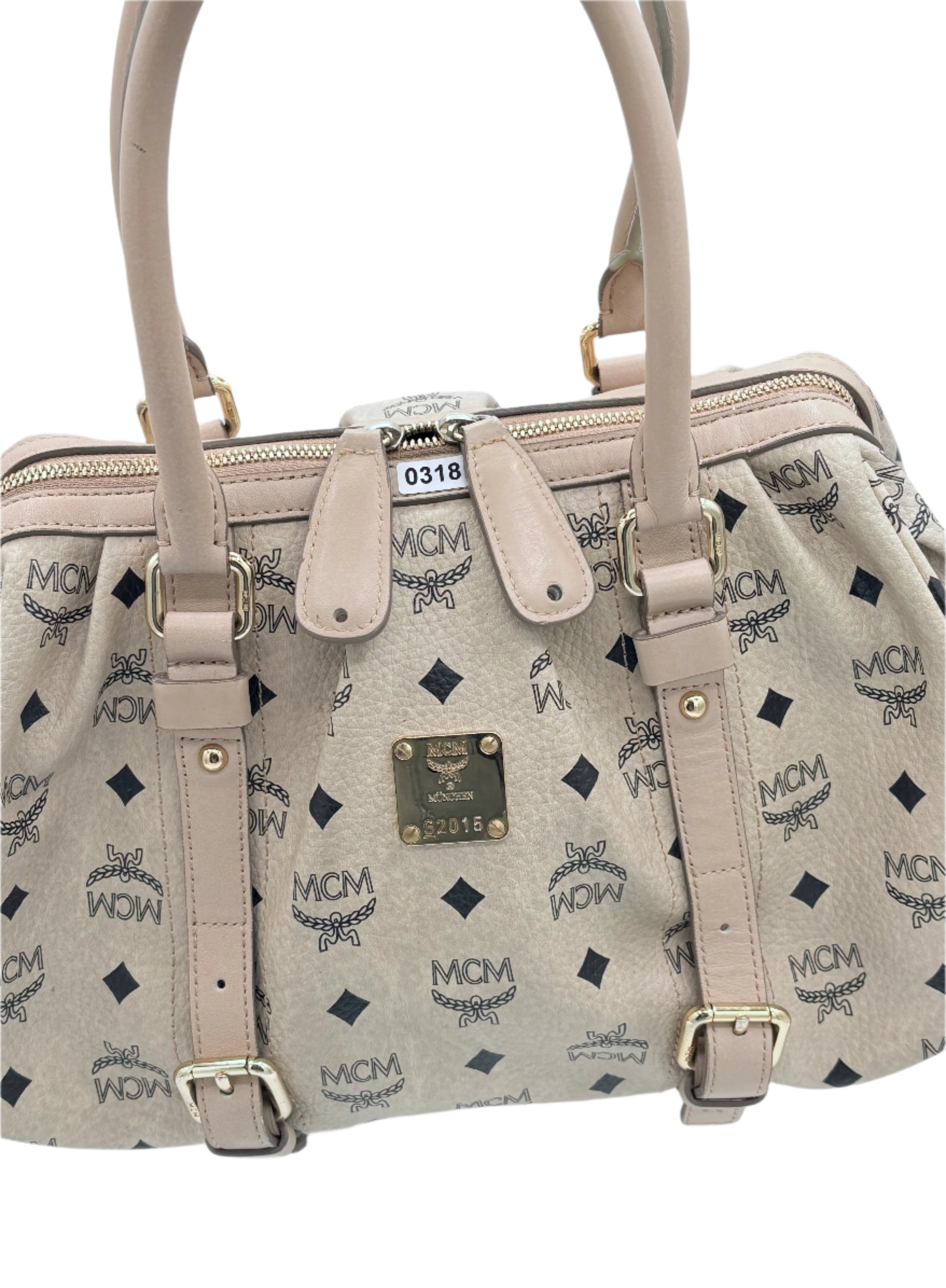MCM Visetos Cream Leather Handbag – Neutral Top Handle Bag with Gold-Tone Hardware