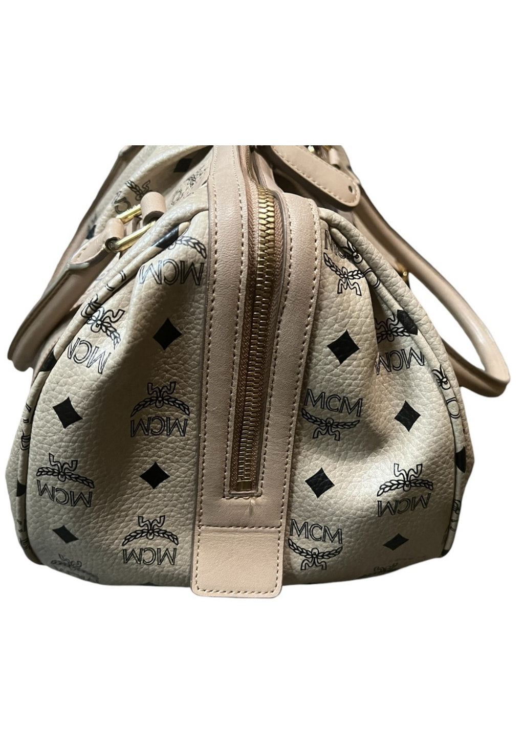 MCM Visetos Cream Leather Handbag – Neutral Top Handle Bag with Gold-Tone Hardware
