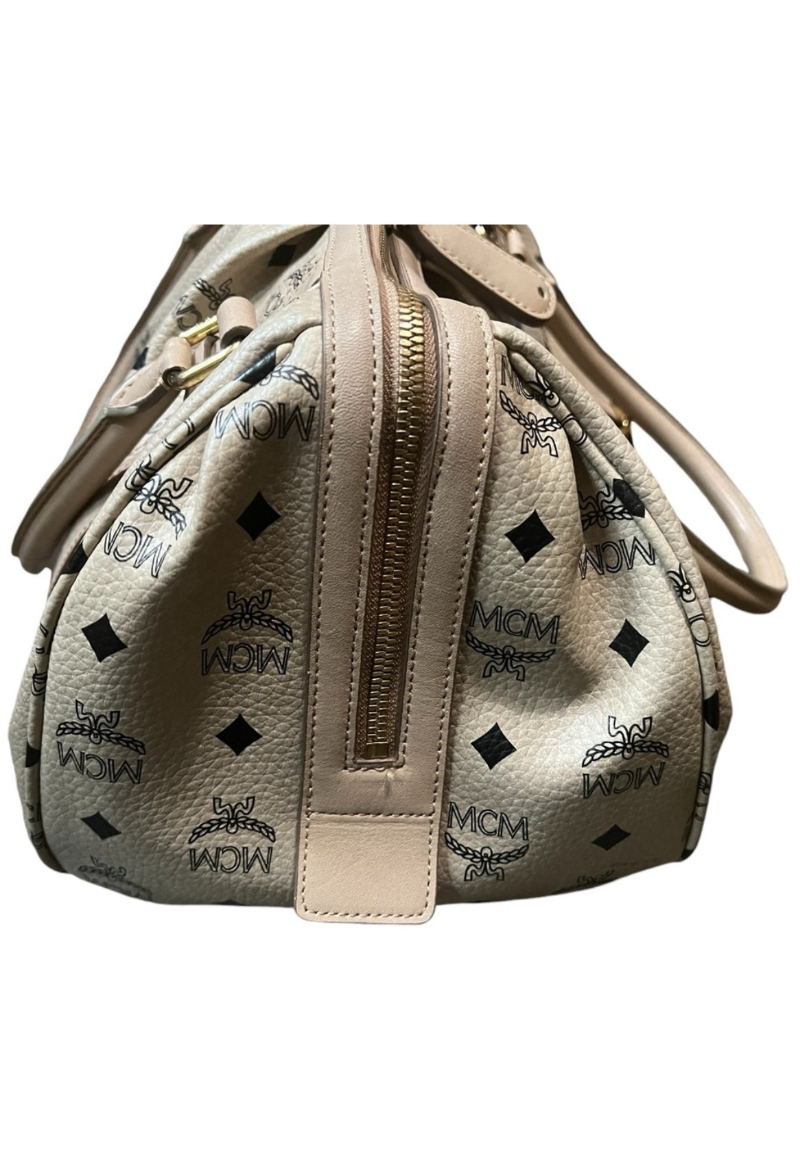 MCM Visetos Cream Leather Handbag – Neutral Top Handle Bag with Gold-Tone Hardware