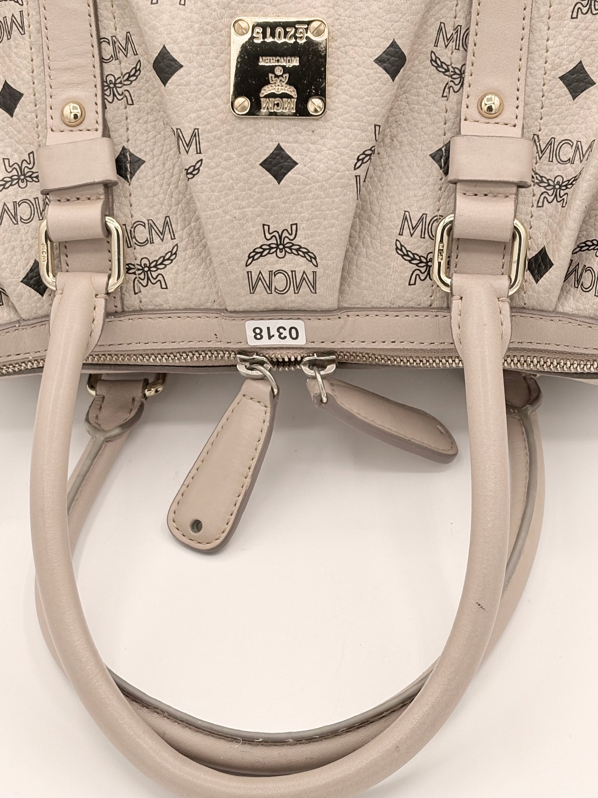 MCM Visetos Cream Leather Handbag – Neutral Top Handle Bag with Gold-Tone Hardware