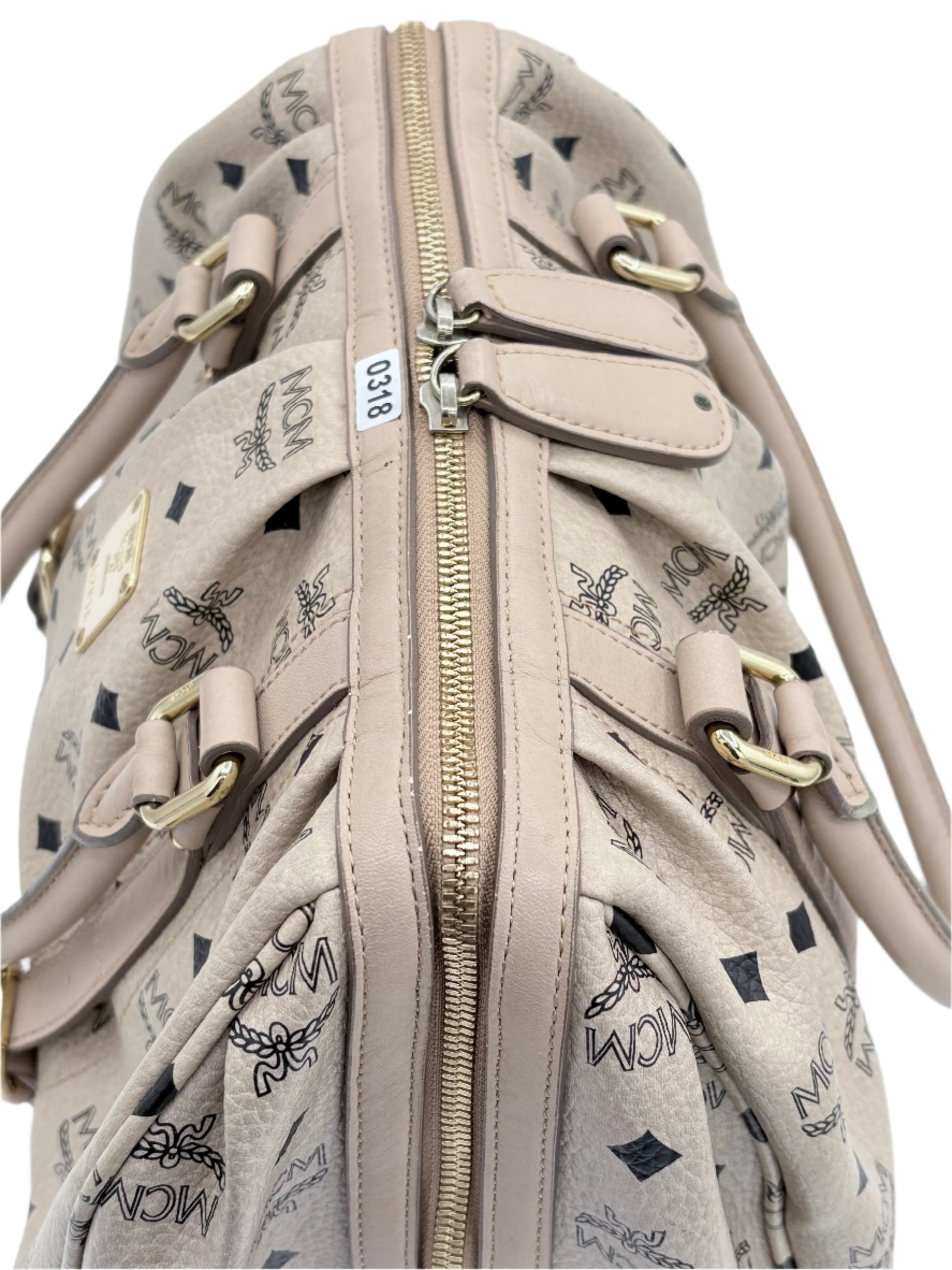 MCM Visetos Cream Leather Handbag – Neutral Top Handle Bag with Gold-Tone Hardware