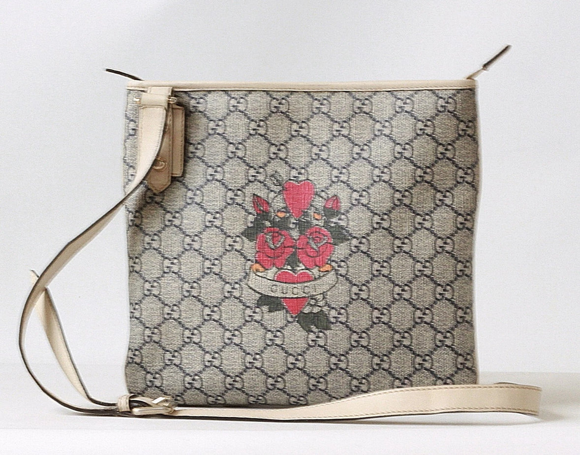 Authentic Gucci GG Monogram Roses & Hearts Crossbody Bag – Beige Leather Trim