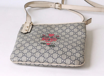 Authentic Gucci GG Monogram Roses & Hearts Crossbody Bag – Beige Leather Trim