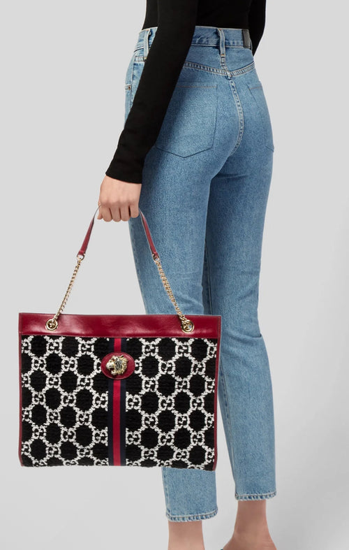 Authentic Gucci Black Jacquard Tote with Sylvie Web & Tiger Head Accent – Luxury Statement Bag