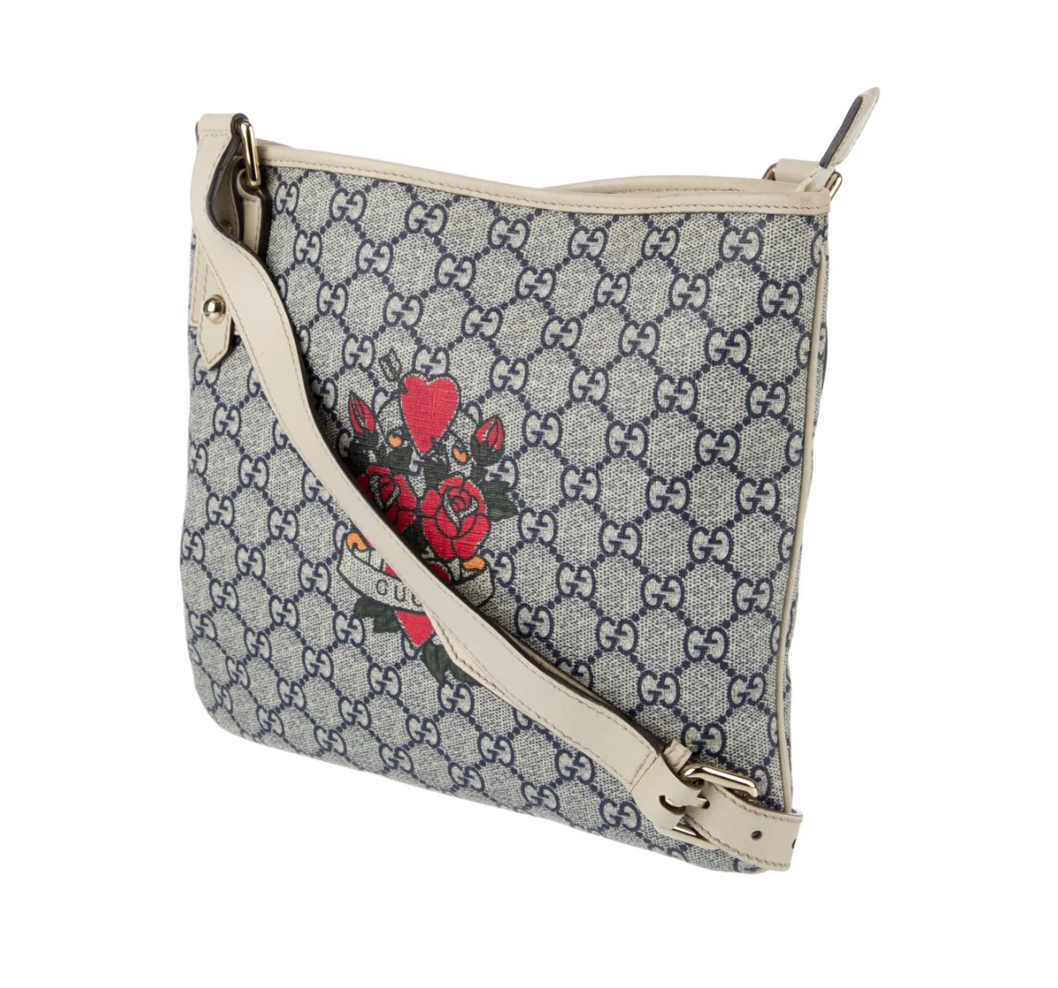Authentic Gucci GG Monogram Roses & Hearts Crossbody Bag – Beige Leather Trim