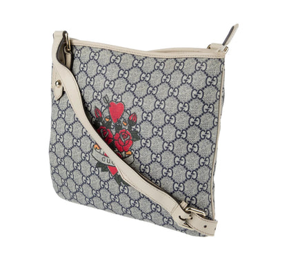 Authentic Gucci GG Monogram Roses & Hearts Crossbody Bag – Beige Leather Trim