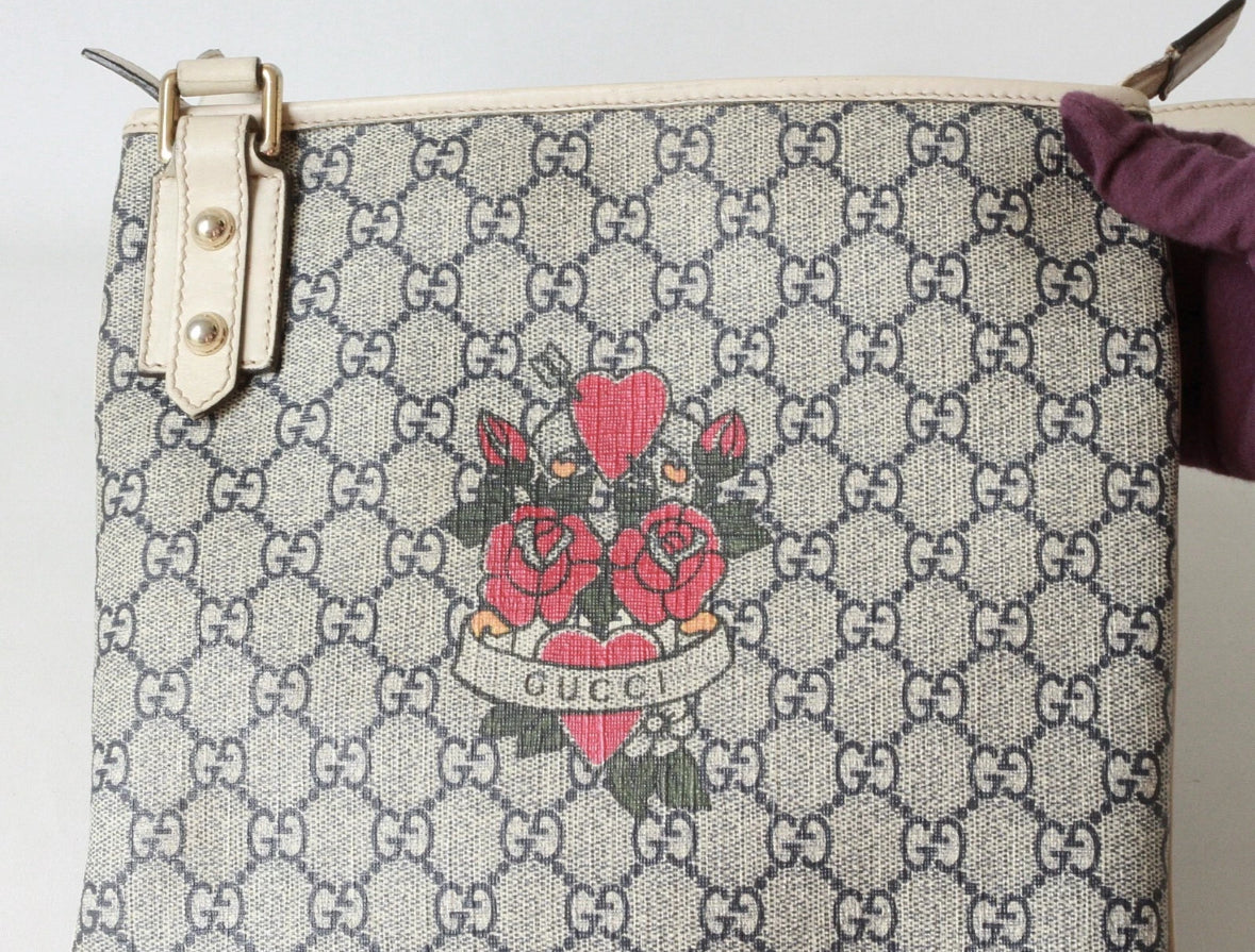 Authentic Gucci GG Monogram Roses & Hearts Crossbody Bag – Beige Leather Trim