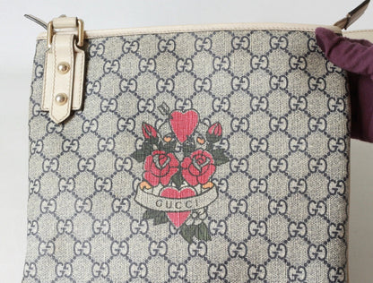 Authentic Gucci GG Monogram Roses & Hearts Crossbody Bag – Beige Leather Trim