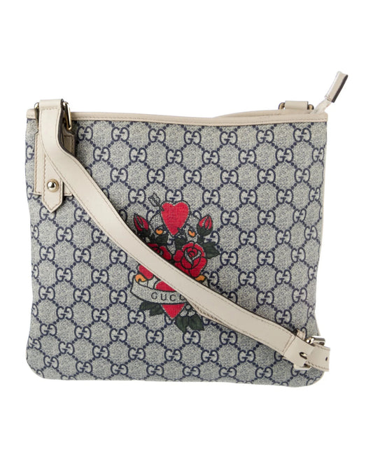 Authentic Gucci GG Monogram Roses & Hearts Crossbody Bag – Beige Leather Trim