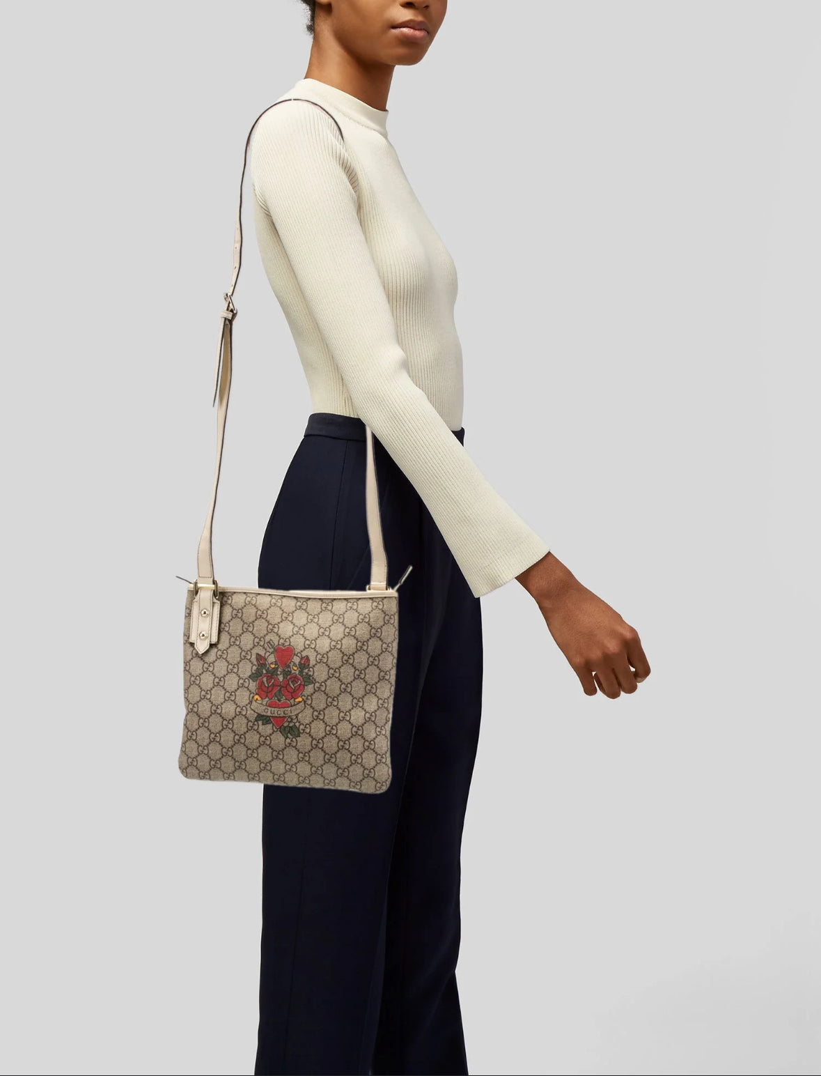 Authentic Gucci GG Monogram Roses & Hearts Crossbody Bag – Beige Leather Trim