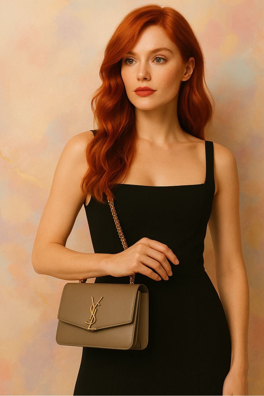 Woman holding a YSL handbag against a soft, multicolored background